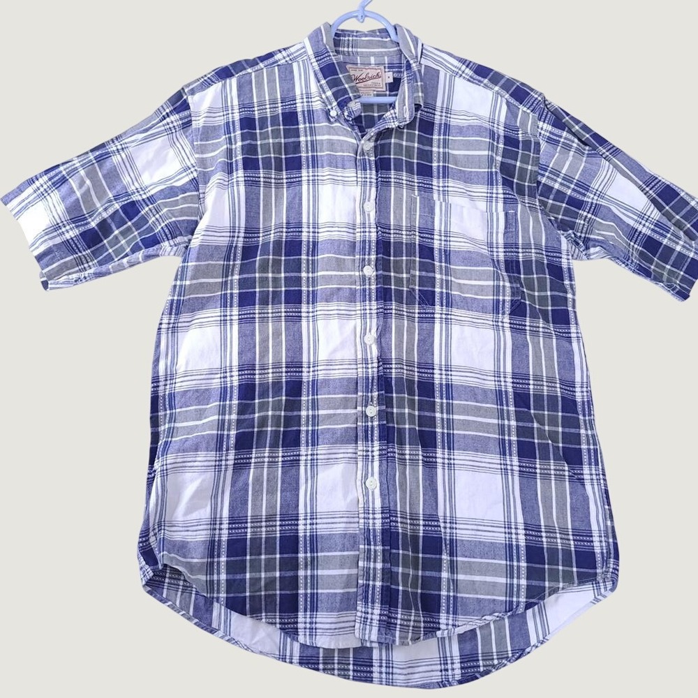 Woolrich Rugged Outdoors Shirt Mens Medium Blue Green Plaid Cotton Button Down